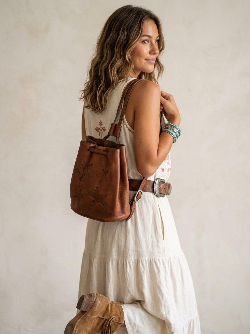 Two Bar West Vintage Brown Leather Star Bucket Bag Convertible Slingback Cinch